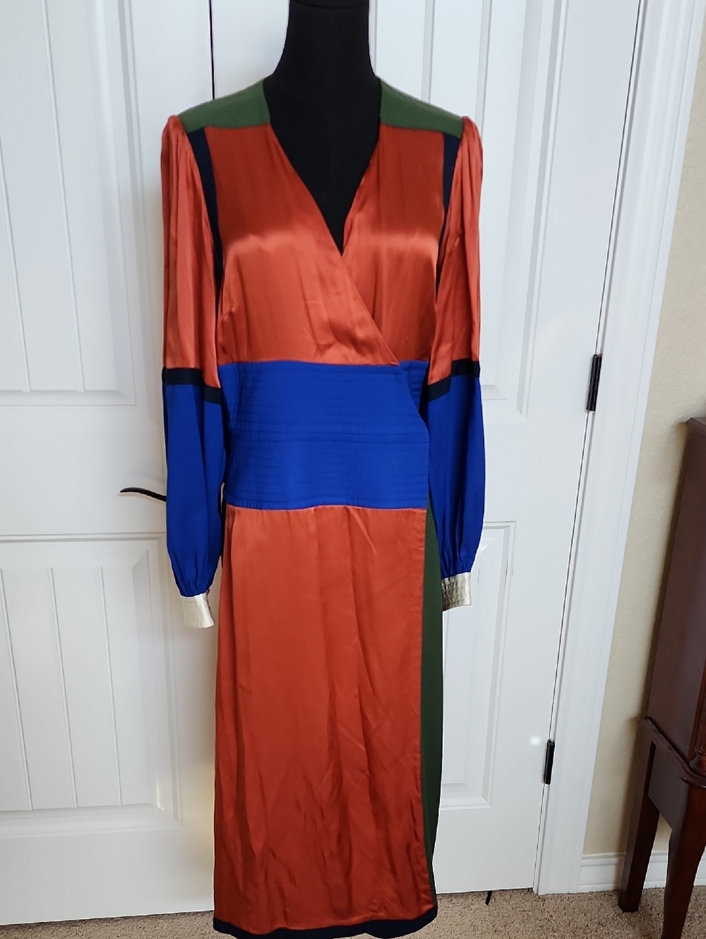 Tory Burch Colorblock Satin Wrap Midi Dress in Rust, Blue & Green